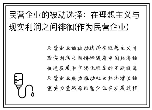 民营企业的被动选择：在理想主义与现实利润之间徘徊(作为民营企业)