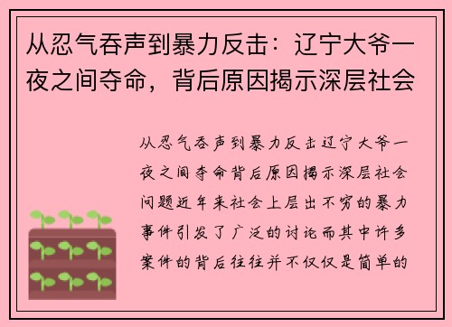 从忍气吞声到暴力反击：辽宁大爷一夜之间夺命，背后原因揭示深层社会问题
