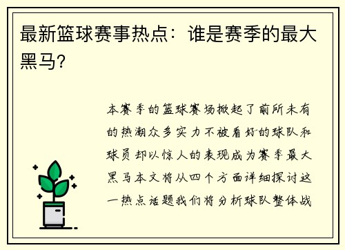 最新篮球赛事热点：谁是赛季的最大黑马？
