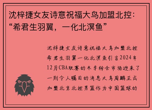 沈梓捷女友诗意祝福大鸟加盟北控：“希君生羽翼，一化北溟鱼”